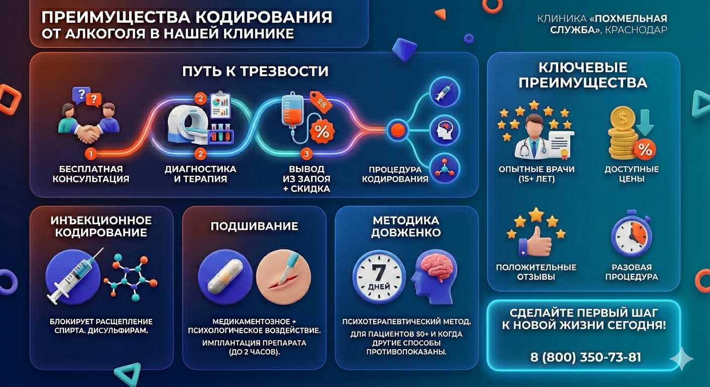 Инфографика о методах кодирования от алкоголя в Холмской: инъекции, подшивание, метод Довженко. Преимущества клиники и этапы лечения.