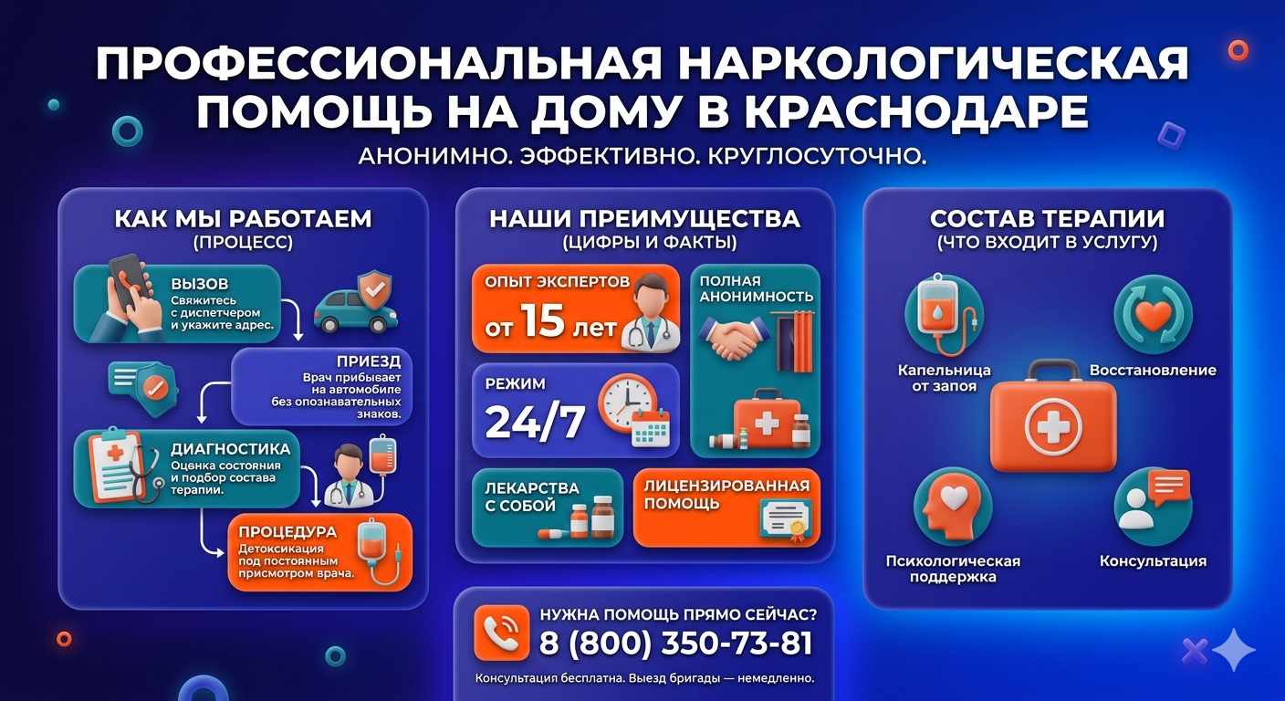 Инфографика о принципах лечения алкоголизма на дому в Холмской: этапы вызова нарколога, преимущества анонимной детоксикации и состав медицинской помощи.